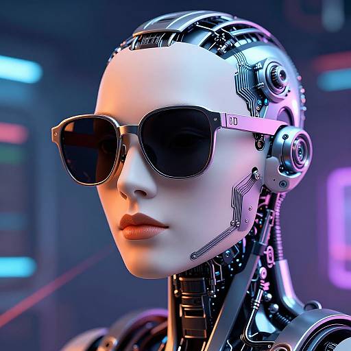 Photorealistic CGI of a futuristic robot woman with white skin, black aviator sunglasses, and cybernetic head, glowing neon lights in the background