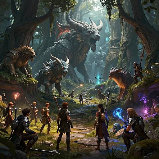 Fantasy forest battle scene: armored warriors face massive, horned, dragon-like creatures amidst glowing blue and purple magic, sunlight filtering through dense trees.