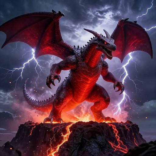 Digital artwork of a fierce, red-scaled dragon with glowing eyes, large wings, and sharp claws, standing on a rocky peak amid a stormy