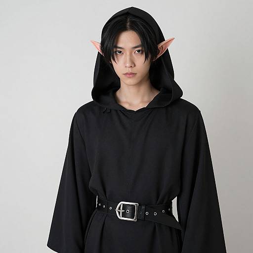 Photograph of an androgynous Asian person with pale skin, black hair, elf ears, wearing a black hooded robe and belt, against