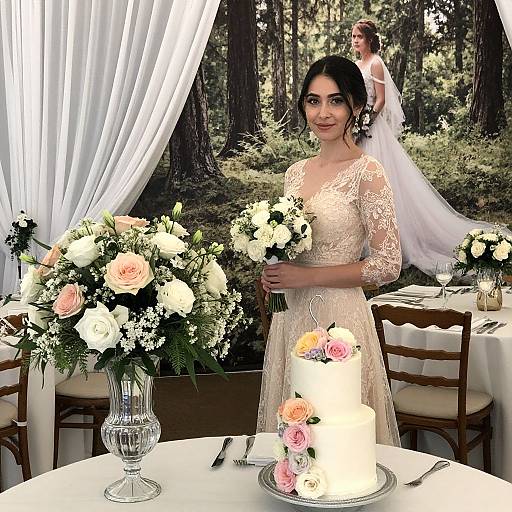 Photograph of a bride in lace wedding dress holding bouquet, standing beside floral table centerpiece and cake, with another bride in background. Forest setting with white