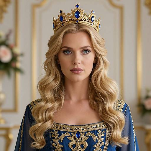 Regal Blonde Woman in Blue Gown