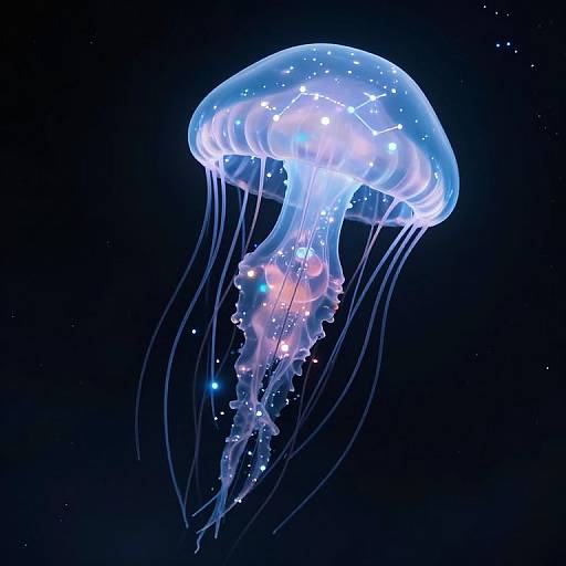 Photorealistic CGI of a glowing blue and white jellyfish with translucent tentacles and bioluminescent spots, floating against a dark, star-filled