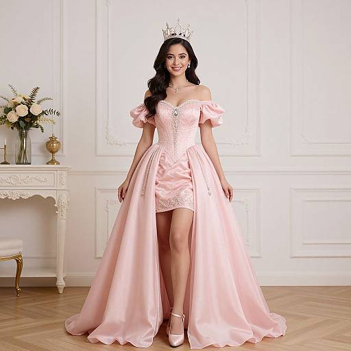 Photograph of a dark-haired woman in a pink, off-shoulder, satin ball gown with a diamond necklace and crown, standing in an elegant