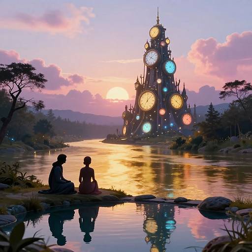 Digital artwork of a sunset over a reflective river, silhouetted figures sitting on rocks, and a glowing clock tower with colorful lights in the background