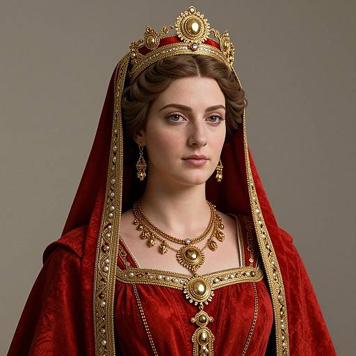 Photograph of a fair-skinned woman with brown hair, wearing a regal red velvet gown, gold crown, and elaborate jewelry, against a gray