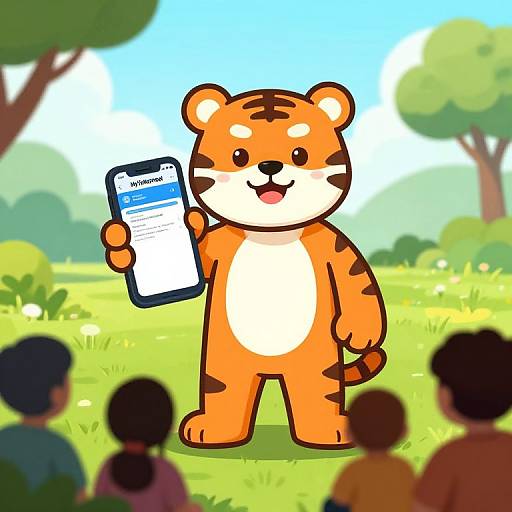 Cartoon Tiger Mascot Showing Mobile App