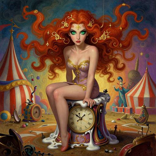 Digital fantasy artwork: Red-haired, green-eyed, topless fairy woman with gold crown, sitting on clock, circus tent background, whimsical circus toys