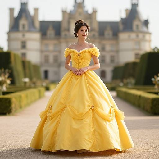 Photograph of a woman in an off-the-shoulder, bright yellow ball gown with puffed sleeves, standing in front of a grand chateau