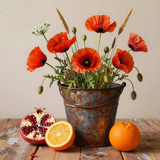 Rustic Still Life with Wildflowers and Fruit