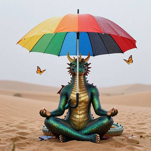 Digital artwork of a blue-green, scaled dragon with golden underbelly, sitting cross-legged in a desert, holding a rainbow umbrella, with two butterflies