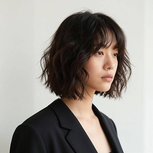 Photograph of an Asian woman with short, wavy black hair, wearing a black blazer, looking to the right against a white background.