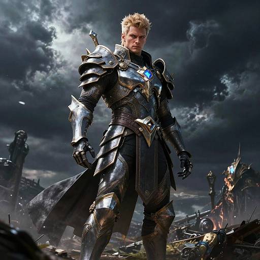 Futuristic Warrior Loken on Stormy Battlefield