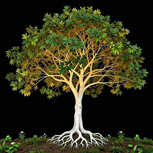 Photorealistic CGI of a vibrant tree with glowing white trunk and branches, green and yellow leaves, and exposed roots against a black background.