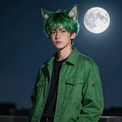 Photograph of a young man with green hair, cat ears, green jacket, and black shirt, standing under a full moon.