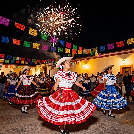 Colorful Mexican dance performance with women in traditional dresses, red, blue, and black, under fireworks, surrounded by festive crowd and colorful papel picado