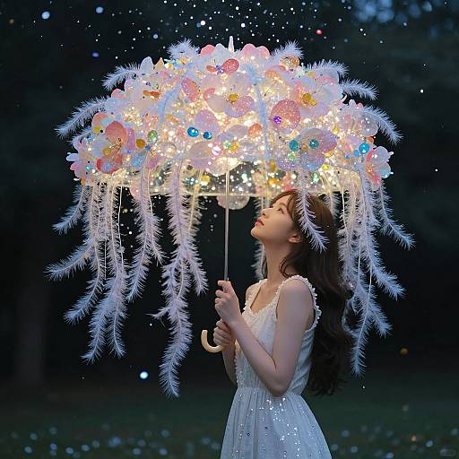 Photograph of a young woman with long brown hair, wearing a white lace dress, holding a magical, starry, floral umbrella with white feathered