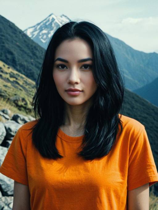 Woman in Orange Shirt with Mountain Background