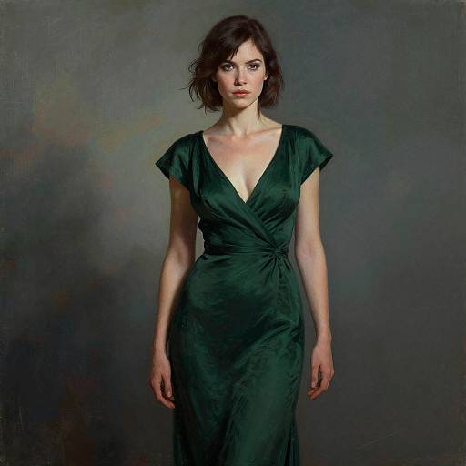 Photograph of a pale-skinned woman with short, dark brown hair wearing a deep green, V-neck, short-sleeve dress, standing against