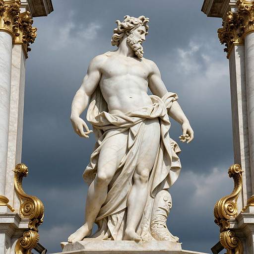 Photograph of a muscular, classical marble statue of a bearded man with flowing drapery, standing between ornate, golden columns against a cloudy