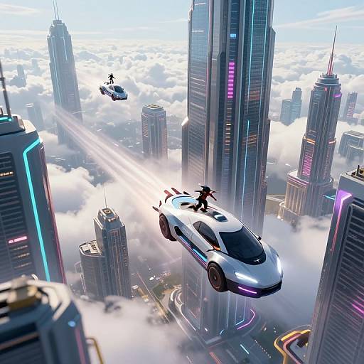 Digital anime-style artwork of a futuristic cityscape with tall skyscrapers, flying cars, and a silhouetted driver in a sleek hovercar