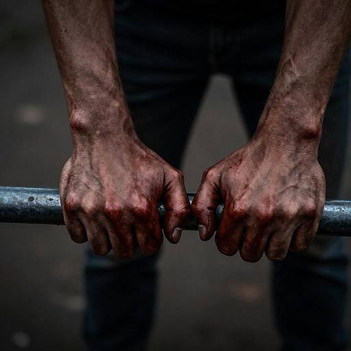 Bloodied Hands Gripping a Metal Bar