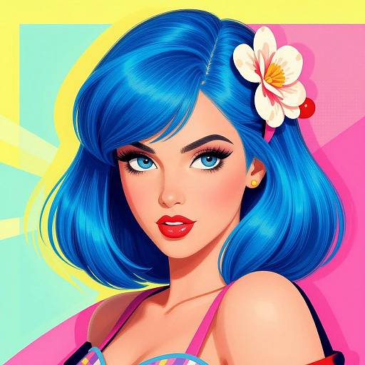 Digital illustration of a woman with vibrant blue bob hair, blue eyes, red lipstick, white flower hairpin, pink top, colorful background.