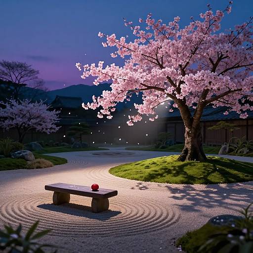Photograph: Cherry blossom tree with glowing pink flowers, wooden bench with red ball, spiral gravel path, twilight sky, serene garden.