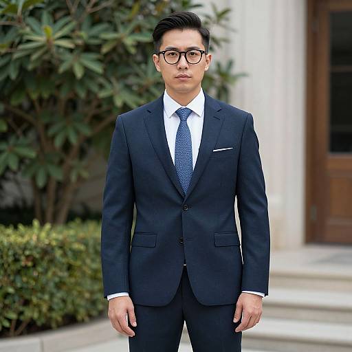 Photograph of an Asian man with short black hair, black-rimmed glasses, wearing a dark navy suit, white shirt, and blue patterned
