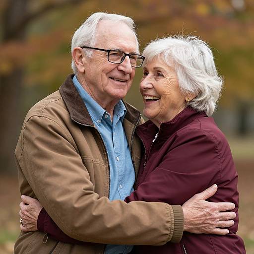 Photograph of smiling elderly couple with white hair, glasses, and autumn attire, hugging closely outdoors with blurred trees in the background.