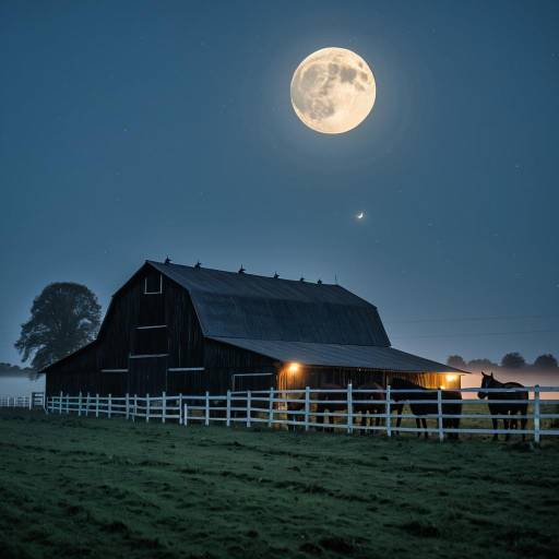 Countryside Barn with Horses Under Full Moon Countryside Barn with Horses Under Full Moon