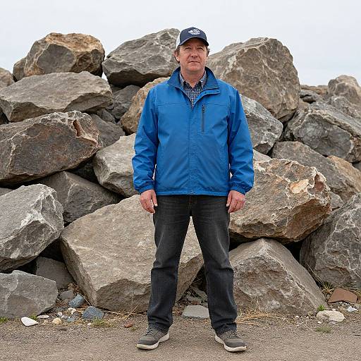Photograph of a middle-aged white man with short gray hair, wearing a blue jacket, black pants, and cap, standing in front of large,