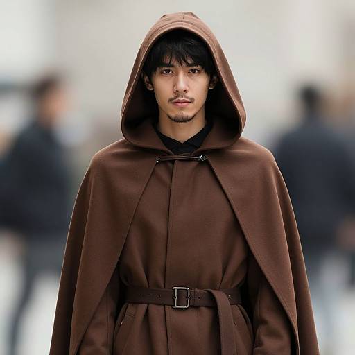 Photograph of a young man with medium skin tone, black hair, and beard, wearing a brown hooded cloak with a belt, standing in a