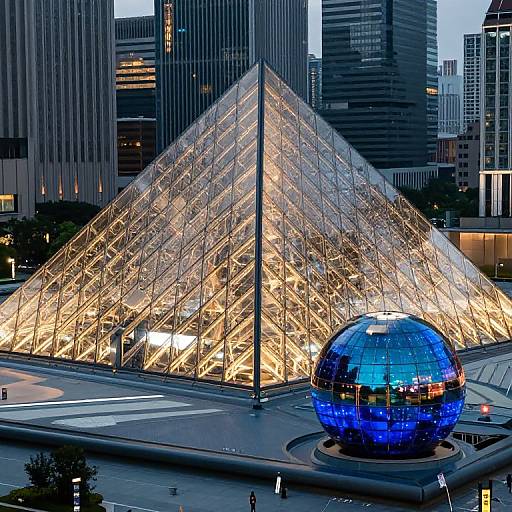 Modern Glass Pyramid and Blue Sphere in Urban Cityscape
