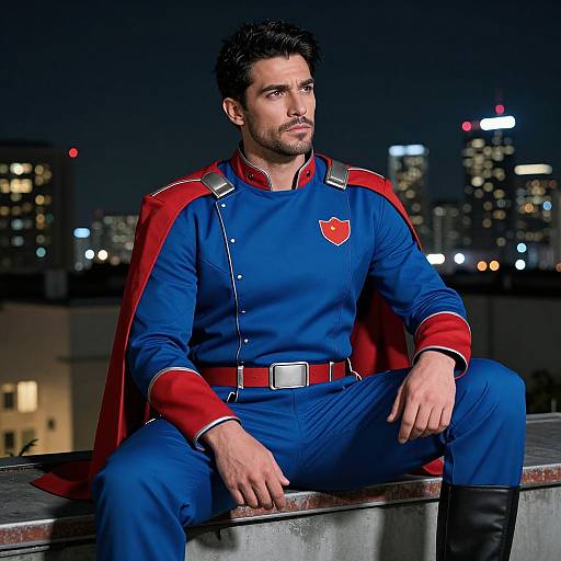 Photograph of a handsome, bearded man with short black hair, sitting on a rooftop at night, wearing a blue superhero suit with red accents and