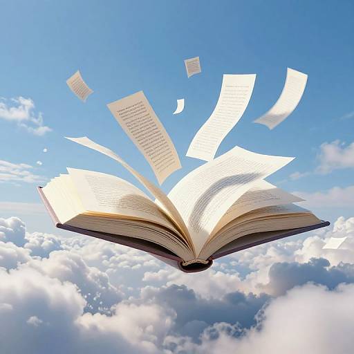 Photograph of an open book floating in a bright blue sky with scattered clouds, pages flying upward in all directions.