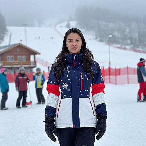Photograph of a smiling woman with long dark hair, wearing a navy, red, and white ski jacket, black gloves, and black pants, standing