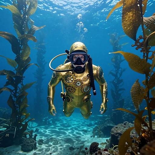 Photograph of a scuba diver in a gold, robotic suit, with oxygen tank and mask, swimming underwater amidst blue water and seaweed.