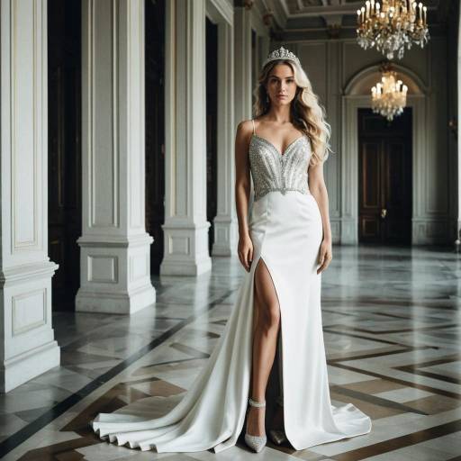 Elegant Woman in White Gown with Tiara in Palace