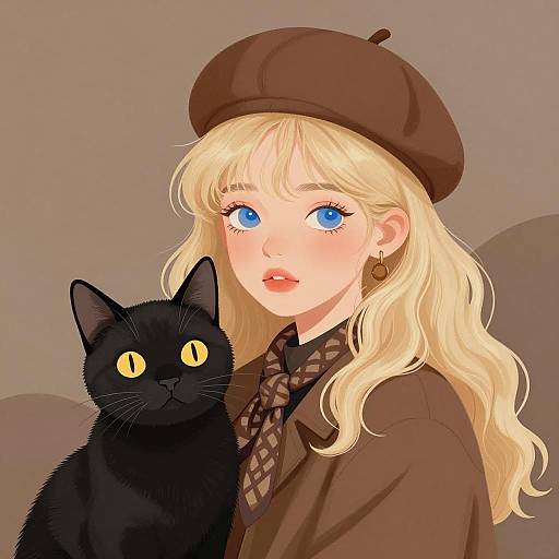Charming Girl and Black Cat Illustration