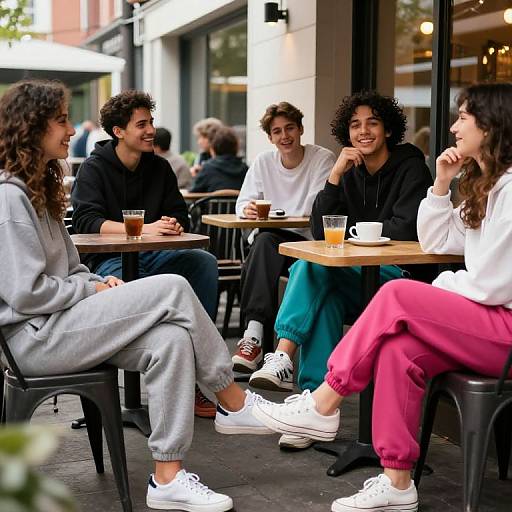 Photograph of five young friends, diverse ethnicities, casually dressed in hoodies, sweaters, and sneakers, laughing and chatting at an outdoor café