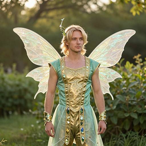 Photograph of a blonde man with fairy wings, wearing a green and gold costume with jeweled accents, standing in a sunlit, lush forest.