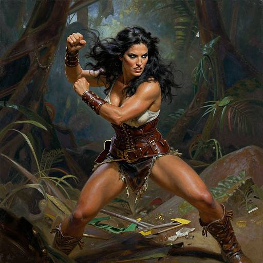Digitally painted jungle warrior woman with dark hair, muscular build, white top, leather corset, and skirt, fighting stance, forest background.