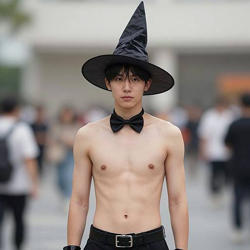 Photograph of a young, shirtless Asian man with a slim build, wearing a black witch hat and bow tie, standing in a blurred, outdoor