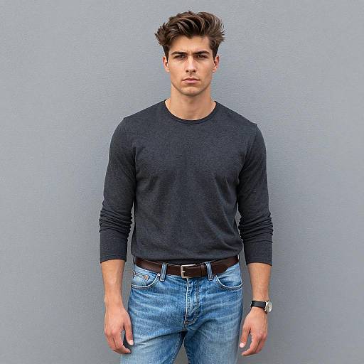 Young man in smart casual outfit against gray wall