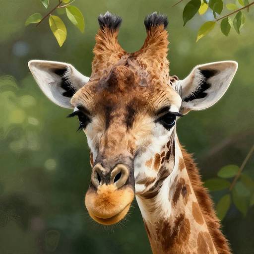Photograph of a close-up giraffe with light brown and white patterned fur, large black-tipped ears, and long eyelashes, against a