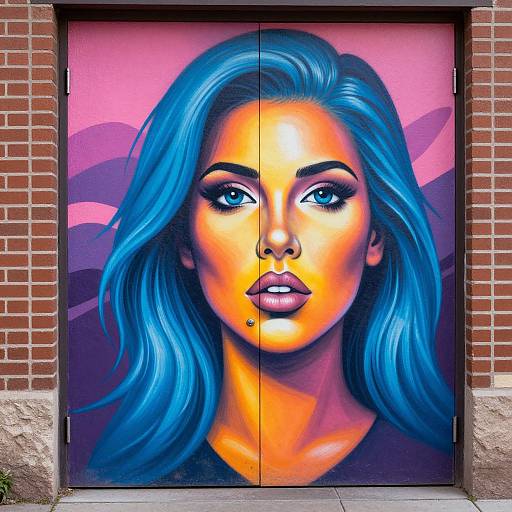 Vibrant graffiti mural of a woman with striking blue hair, orange and purple hues, on a red-brick garage door.