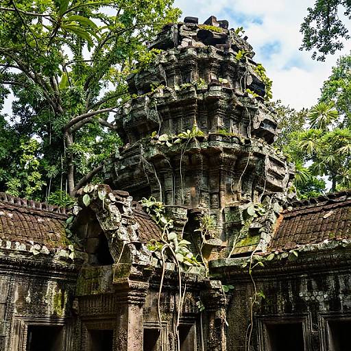 Photograph of an ancient, moss-covered stone temple with intricate carvings, surrounded by dense green foliage and a bright, partly cloudy sky.