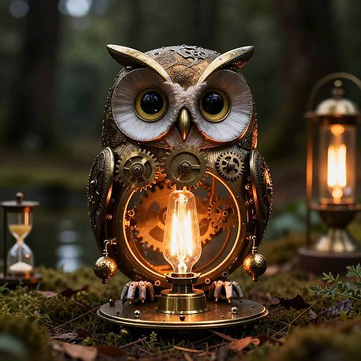 Clockwork Owl in Tranquil Forest