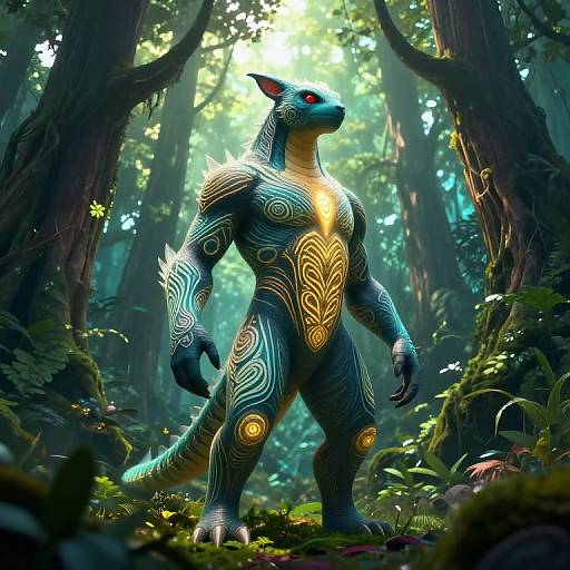 Digital artwork of a muscular, blue-scaled, anthropomorphic creature with glowing, intricate golden patterns, standing in a lush, sunlit forest.